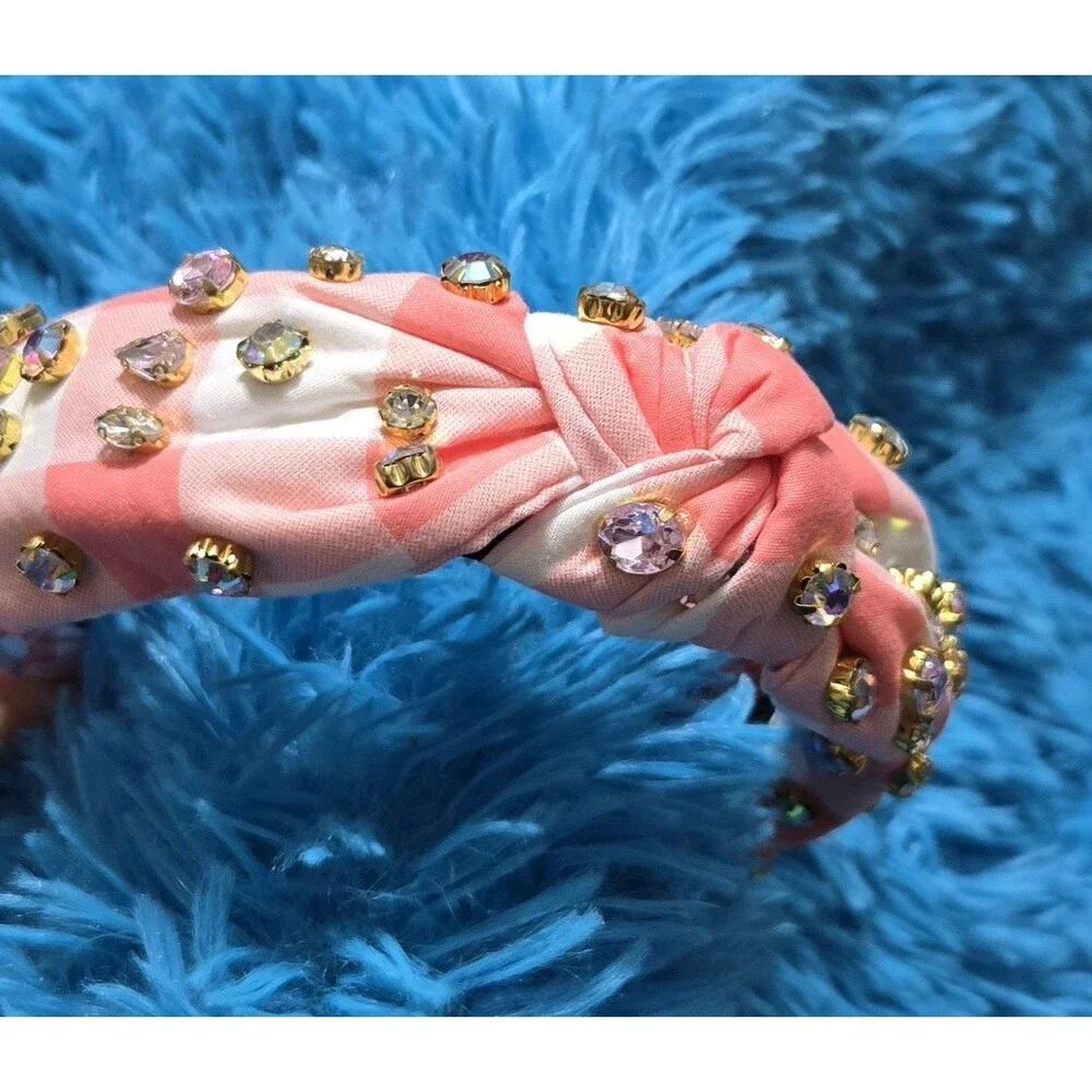 Pink White Striped Knotted Fabric Headband w/ Rhinestone Heart Embellish